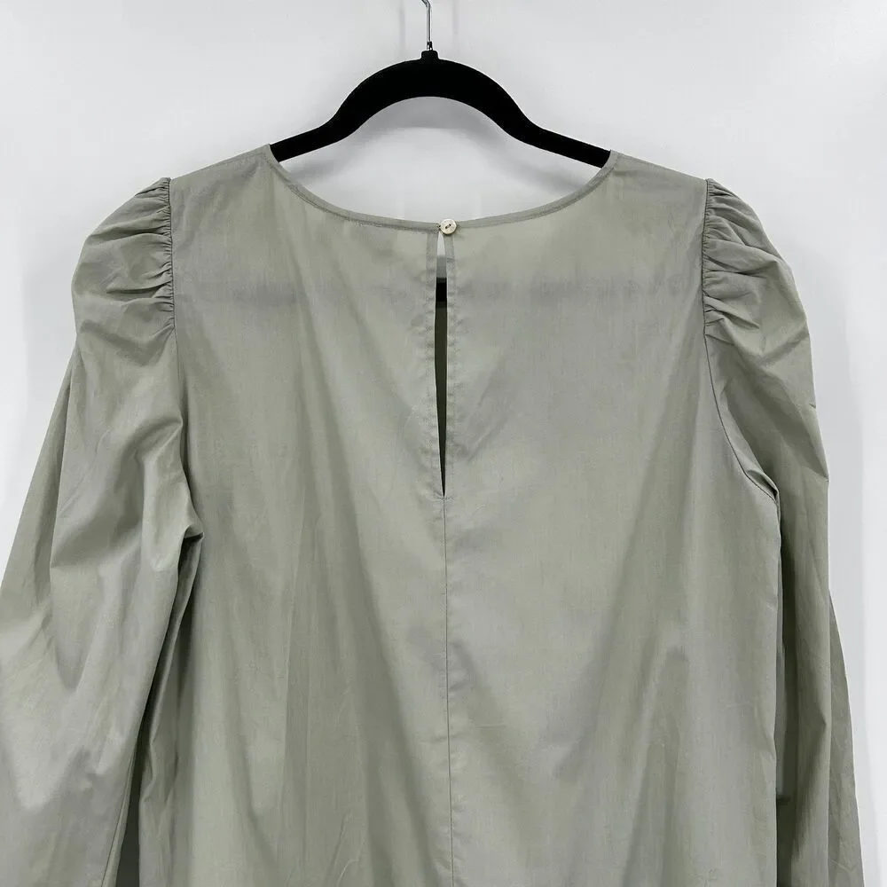ICHI Pale Sage Green Crepe Puff Sleeve Oversized Pleated Short Dress Size Small